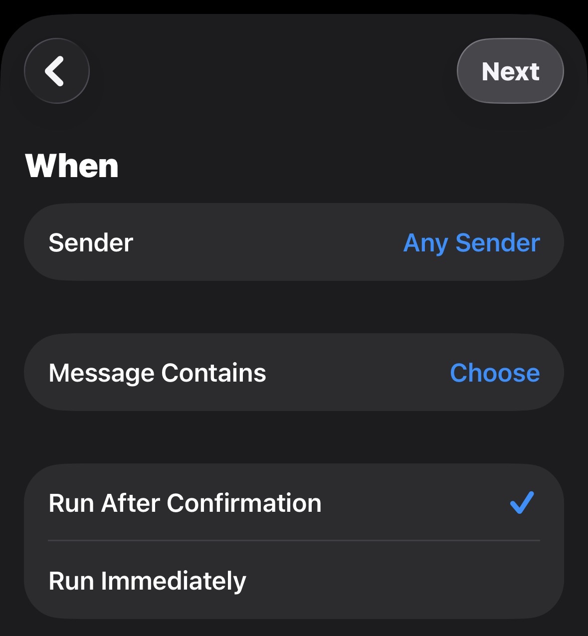 Sender set to Any Sender, Message Contains not yet set