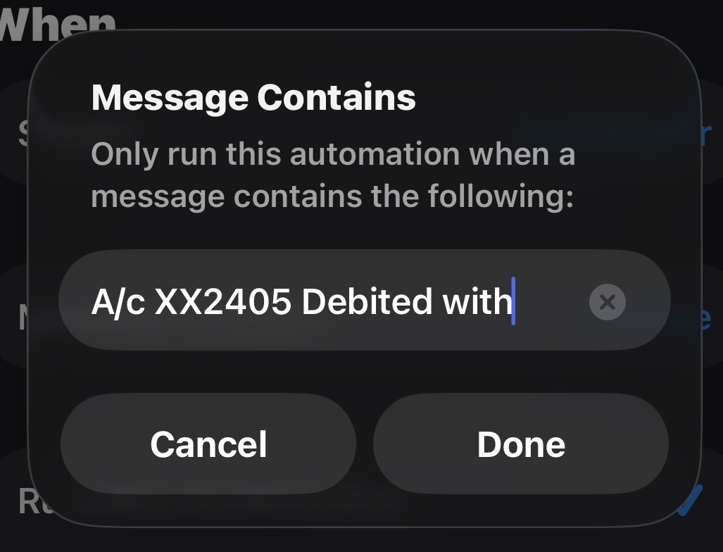 Message Contains text field with A/c XX2405 Debited with entered