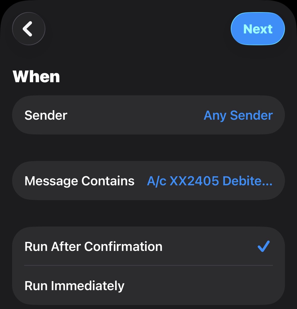 Completed trigger screen with Run After Confirmation checked