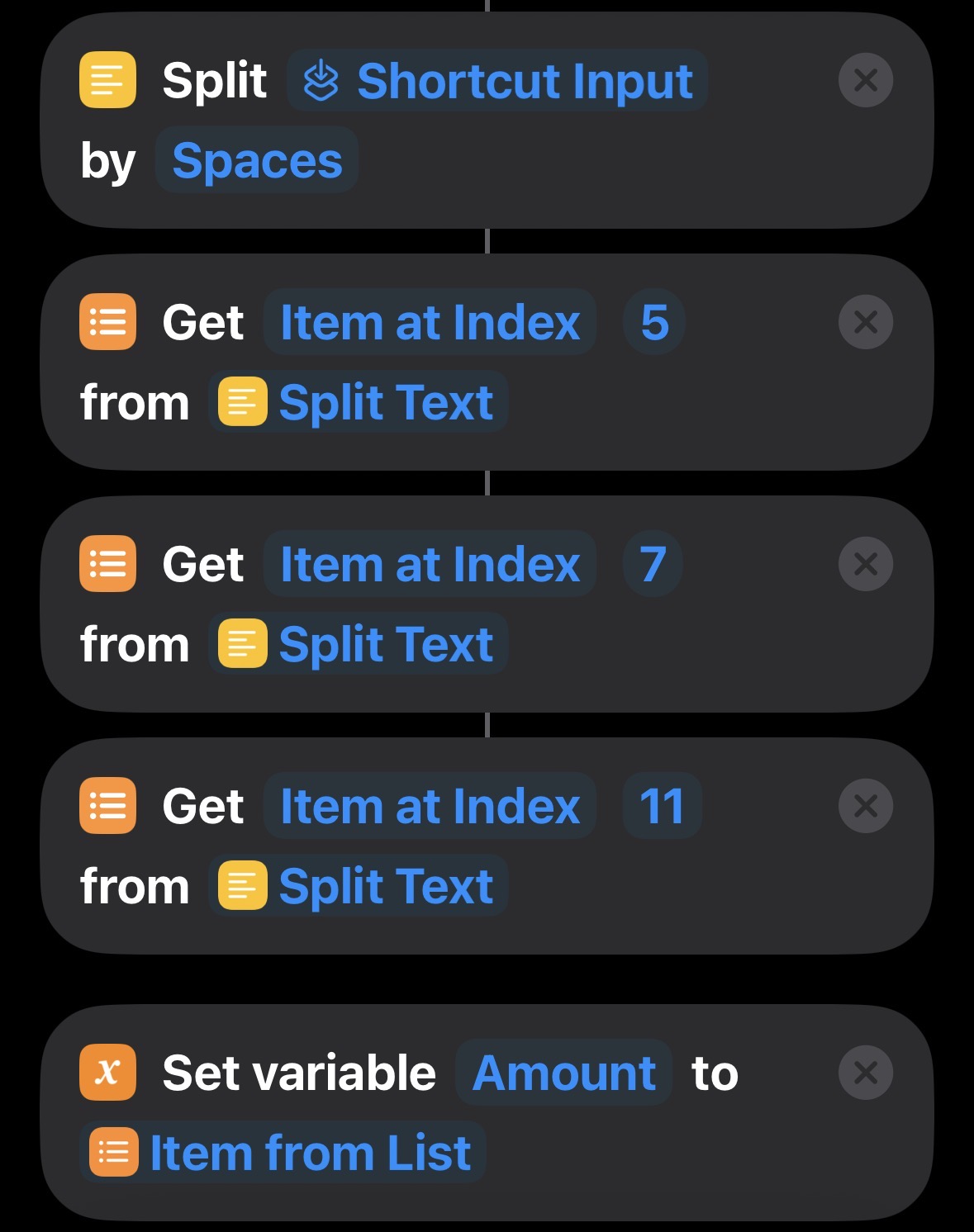 Split Shortcut Input by Spaces and Get Item at Index actions