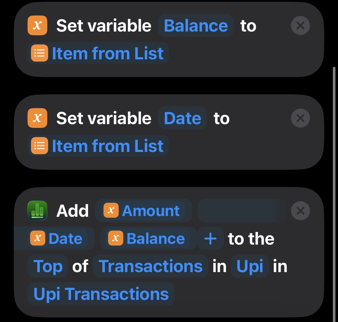Set variable Balance and Date, then Add row to Transactions table